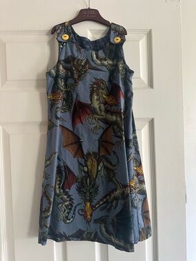 Handmade Etsy Kids Dragon Print Blue Dress with Button Straps Age 8